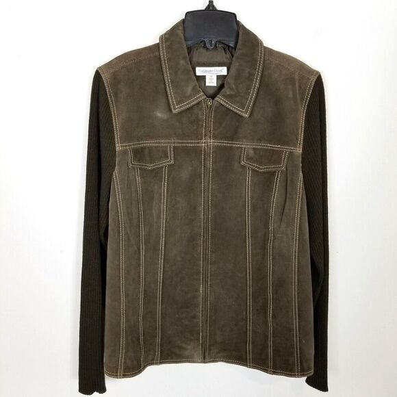 Coldwater Creek Women Leather Suede Knit Jacket Sz 16 Brown Zip Up Classic - Picture 1 of 8